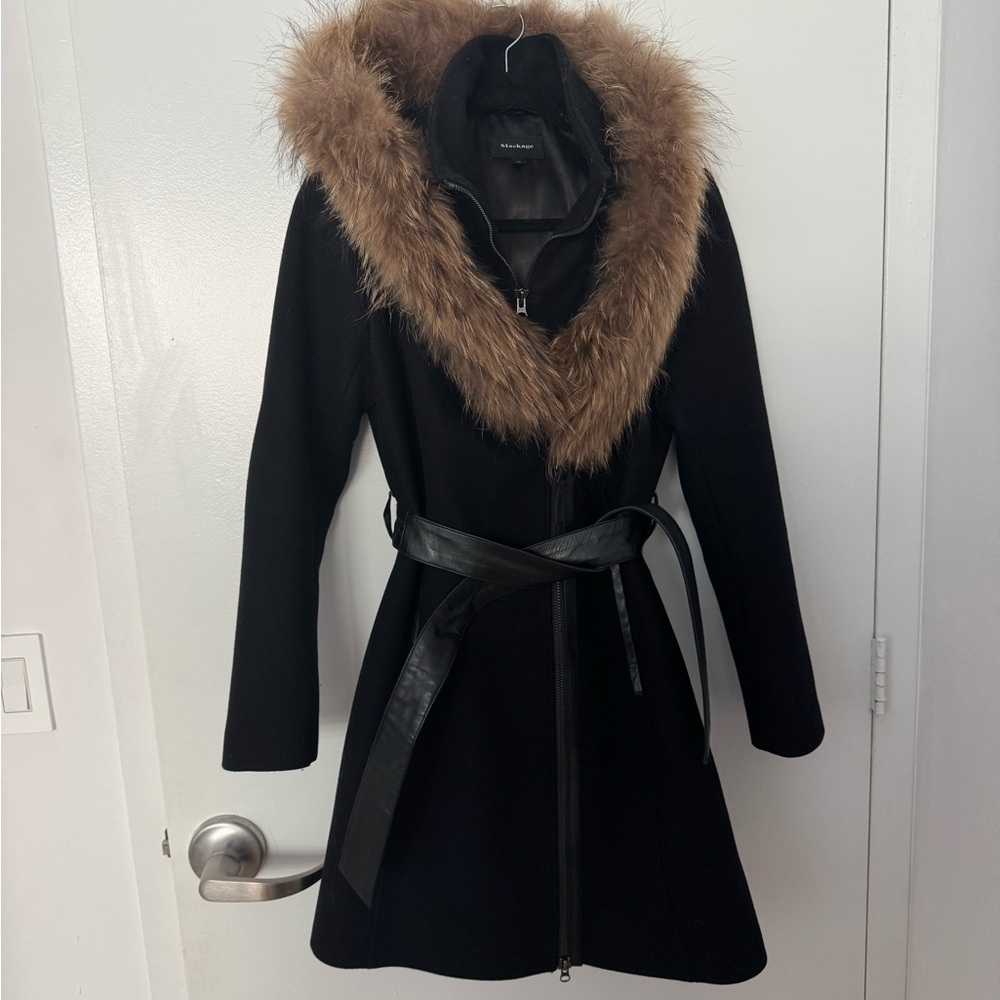 Mackage Black Wool Coat with Racoon Fur Hood